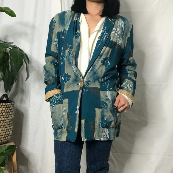 Vintage 1980s geometric floral blazer green medium - Picture 11 of 12